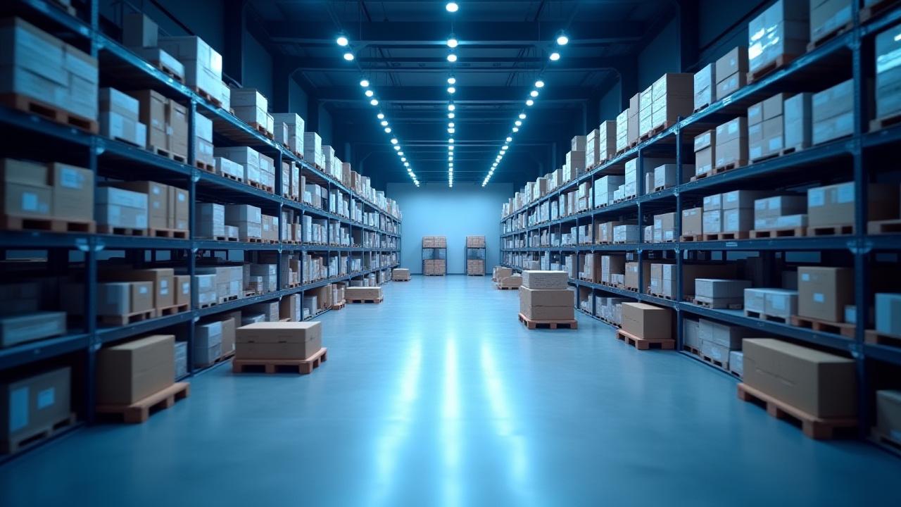 Modern professional warehouse environment with organized retail inventory