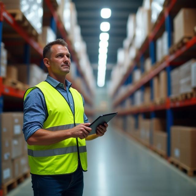 Logistics professional inspecting cargo in an organized warehouse