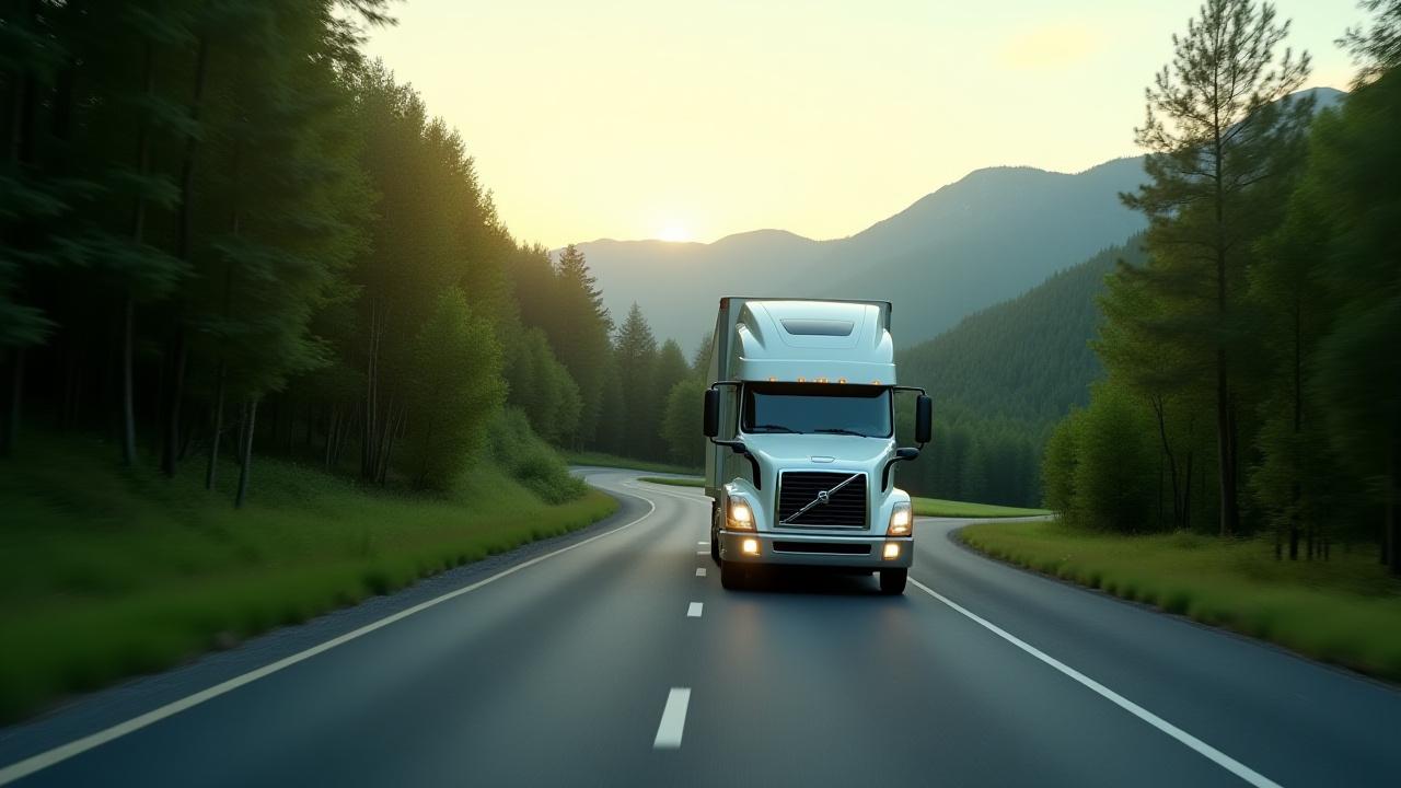 Modern efficient freight truck traveling through a lush green landscape representing sustainable transportation