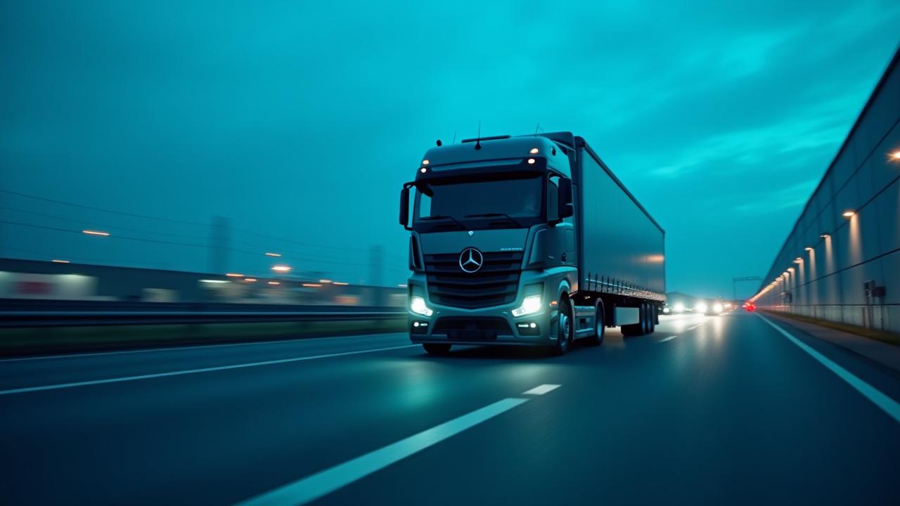 Modern freight truck moving through logistics hub at dusk