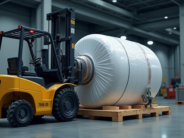 Forklift loading palletized industrial cargo into a Systems 4 Logistics freight trailer