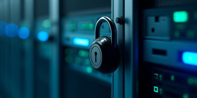 Close up of a secure digital server lock representing data protection for logistics clients