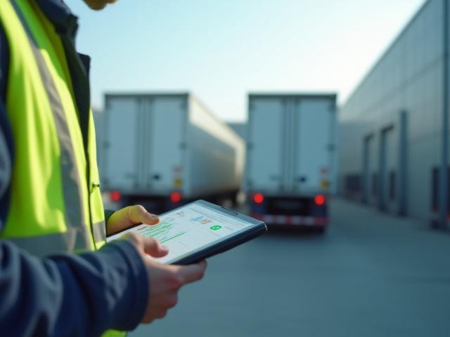 Logistics professional checking temperature logs on a digital tablet next to a refrigerated transport truck
