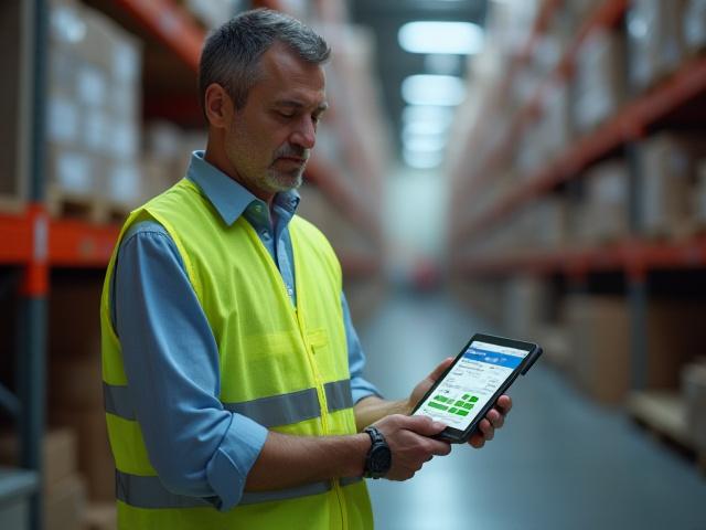 Logistics professional reviewing digital inventory data in a warehouse environment