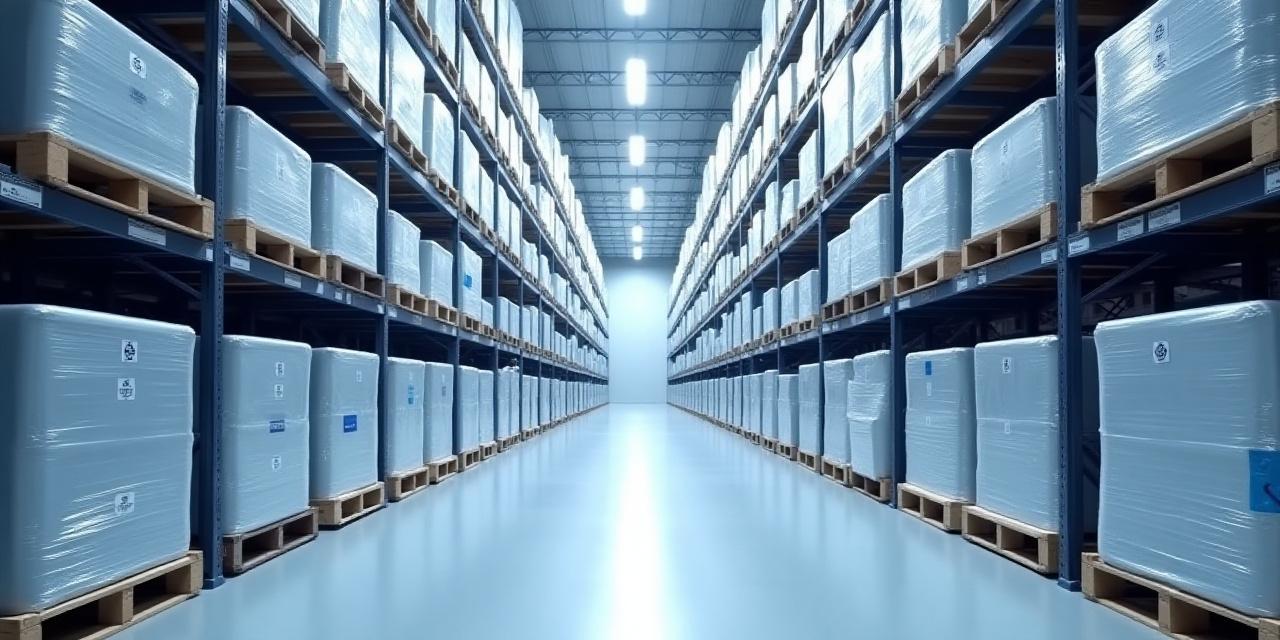 Wide shot of clean, organized warehouse aisles with modern pallet racking