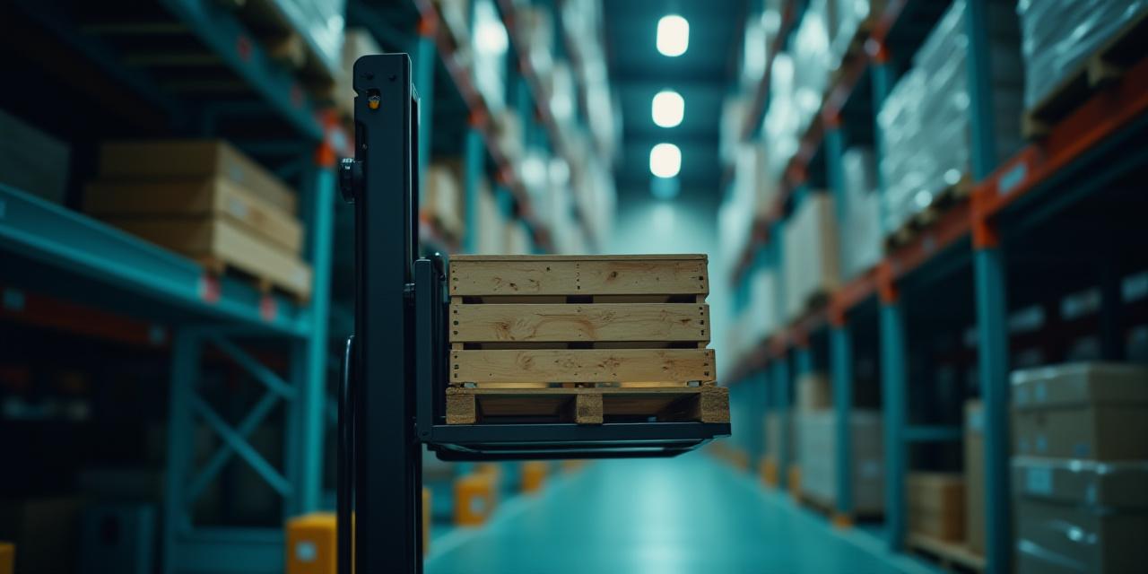 Close-up of a forklift carefully positioning a pallet on a high rack